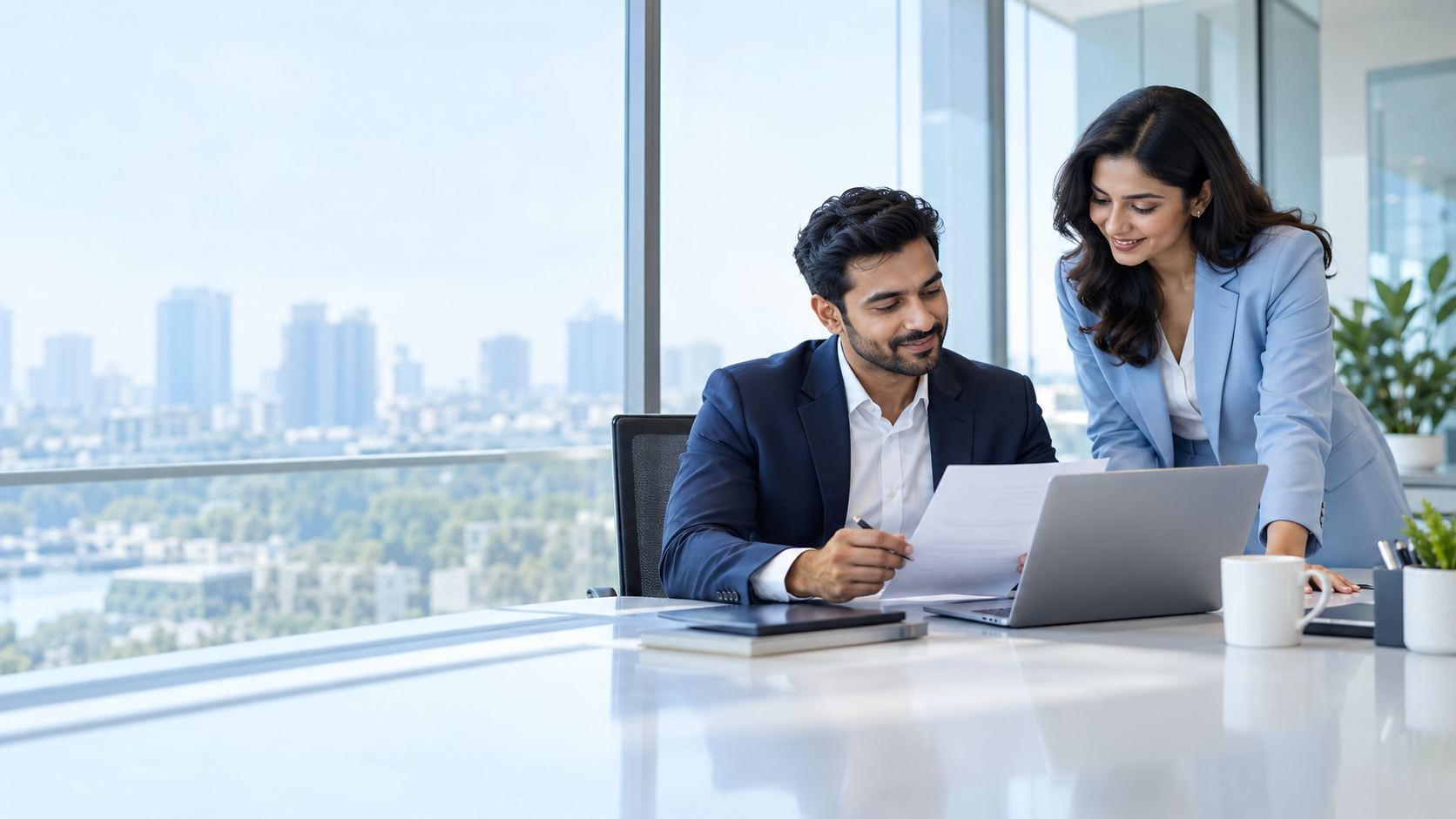 Business founders reviewing documents and a laptop with an advisor