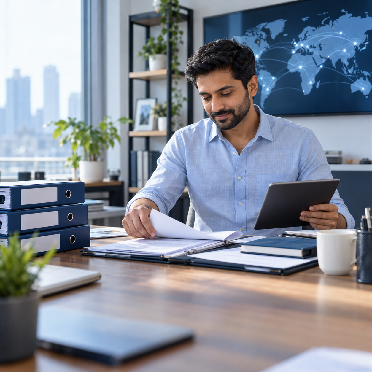 Business owner reviewing compliance records and a tablet